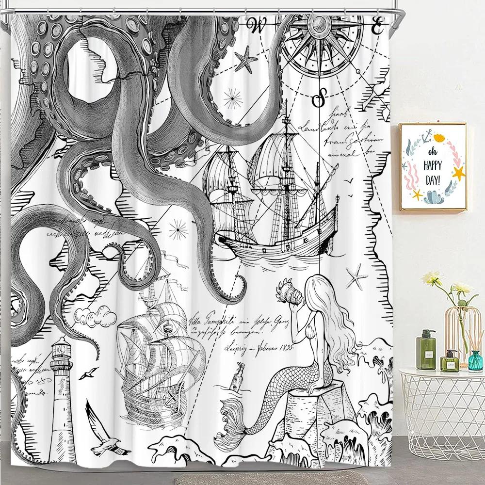 

Vintage Nautical Shower Curtain Ocean Octopus Mermaid Sailboat Map Compass Tropical Plants Polyester Bathroom Decor Curtains Set W60H190(CM)-1 Pcs