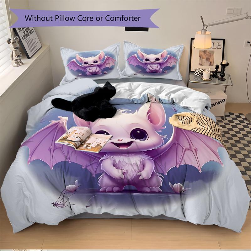 3pcs Cute Purple Bat Quilt Cover Set - Soft and Cozy Bedroom, Guest Room and Dorm Decorative Bedding 3-Piece Set 1 Quilt Cover + 2 Pillow Shams.H