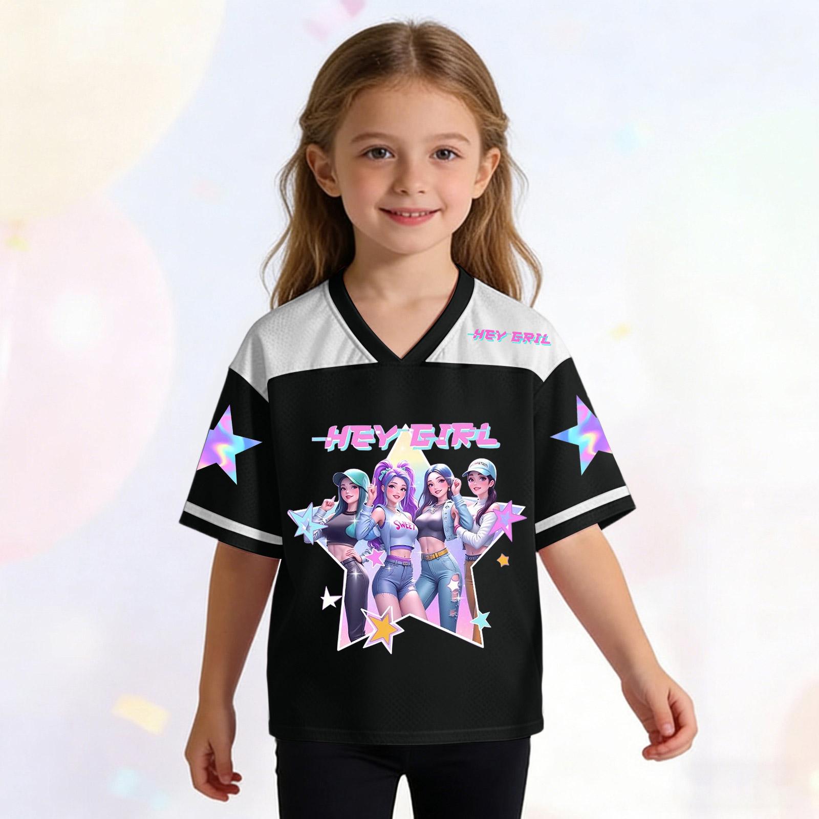 Детский модный топ-свитер с принтом, V-образным вырезом и короткими рукавами для девочки 100 чёрный