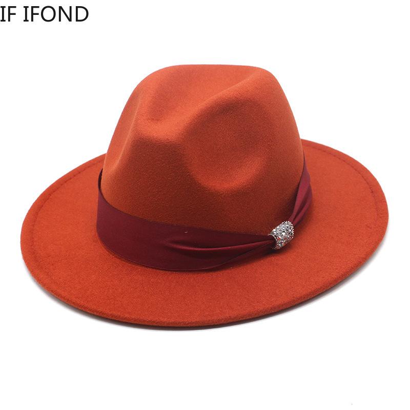 New Fashion Women Men Wide Brim Felt Jazz Fedora Hats Solid Color Party Trilby Wedding Hat Autumn Winter Hats 56-58-60CM