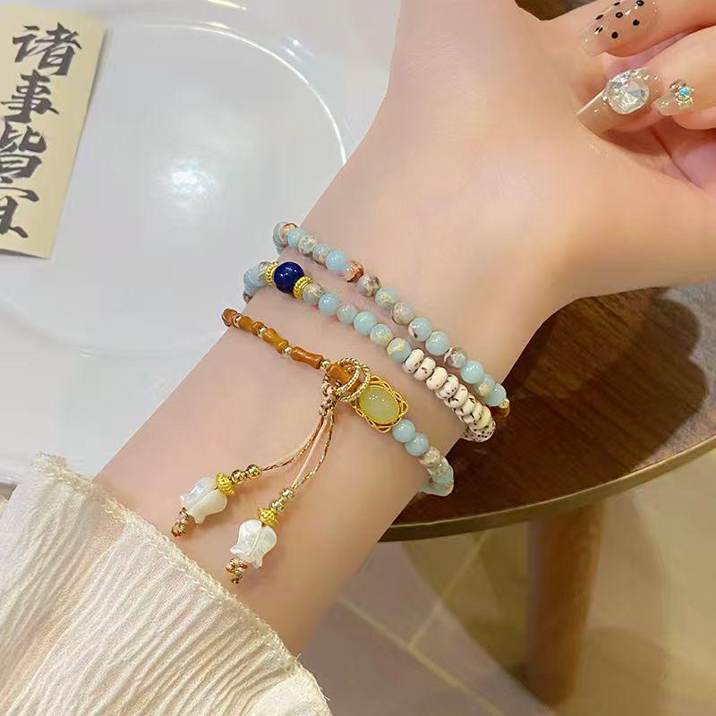 

New Chinese-Style Multi-Strand Bracelet: Shoushan Stone, Star & Moon Bodhi, Bellflower Beads for Women