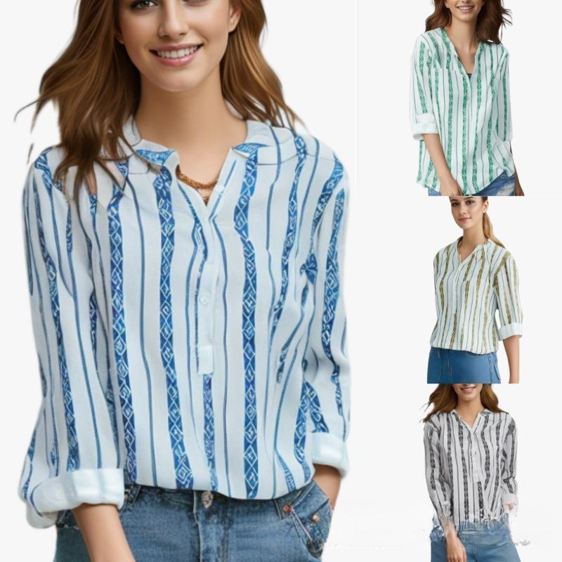 

Women s New Striped Printed Button Up Shirt, Loose Long Sleeved Top S