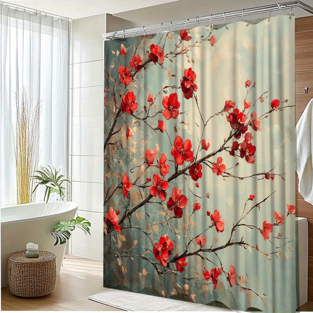 1Pc Floral Natureinspired Shower Curtain With Cherry Blossom Print For Aesthetic Ambiance In Your Bathroom Decor Polyester Fabri