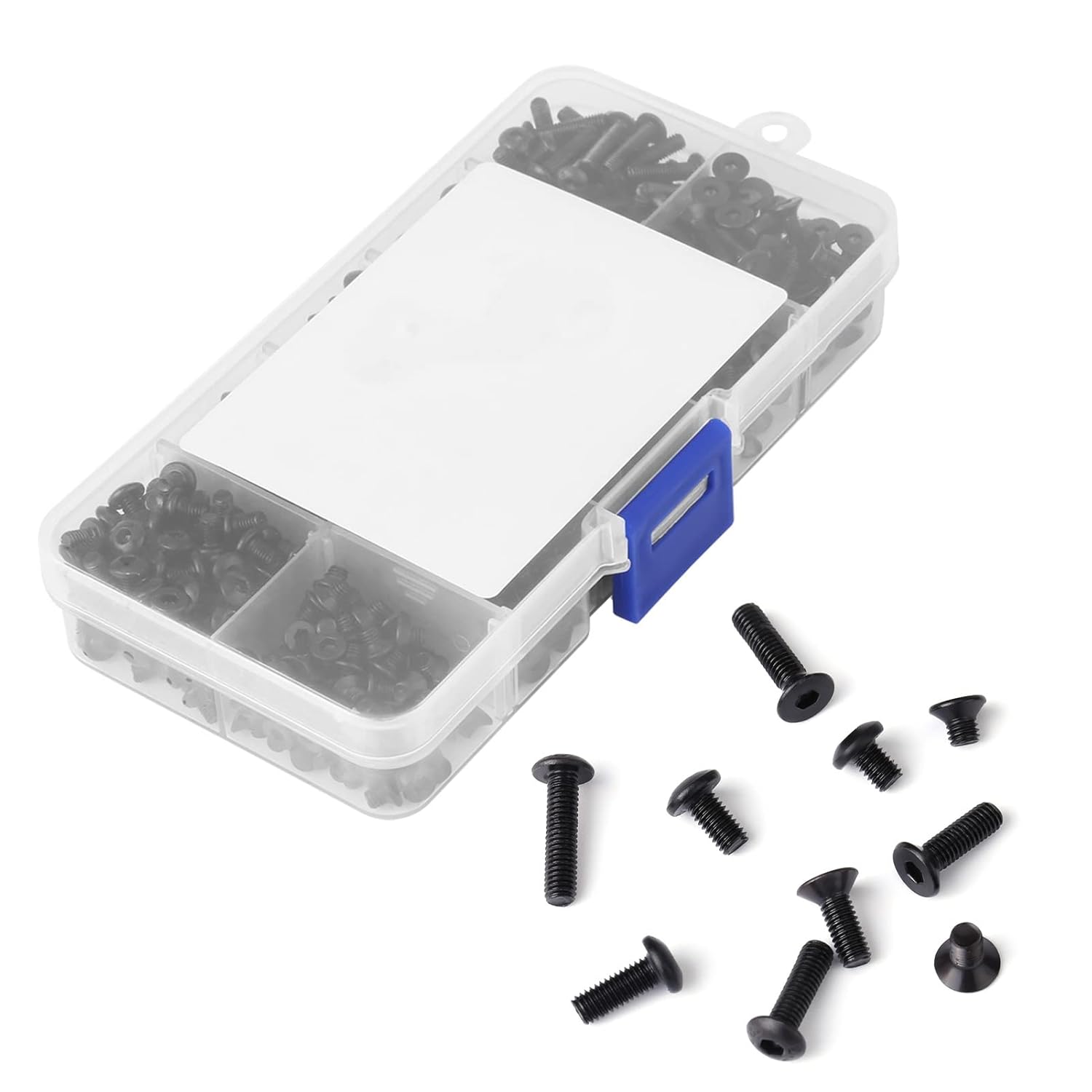 720PCS M3 Hex Bolt Screw Assorted M3x4mm 6mm 8mm 10mm 12mm Black Alloy Steel Pan & Flat Head Hex Socket Screws with Plastic Box