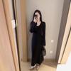 [] V-neck Knitted Dress, Autumn and Winter Slim-fitting Temperament, Bottom Flared Sleeve Sweater, Long Skirt