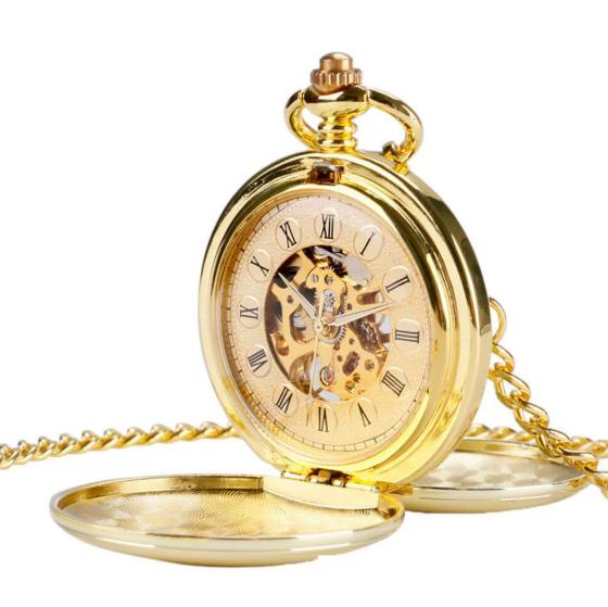 Luxury Antique Pocket Watch High Quality Gold Color Double Glossy Cover Custom LOGO Acceptable Mechanical Pocket Watch