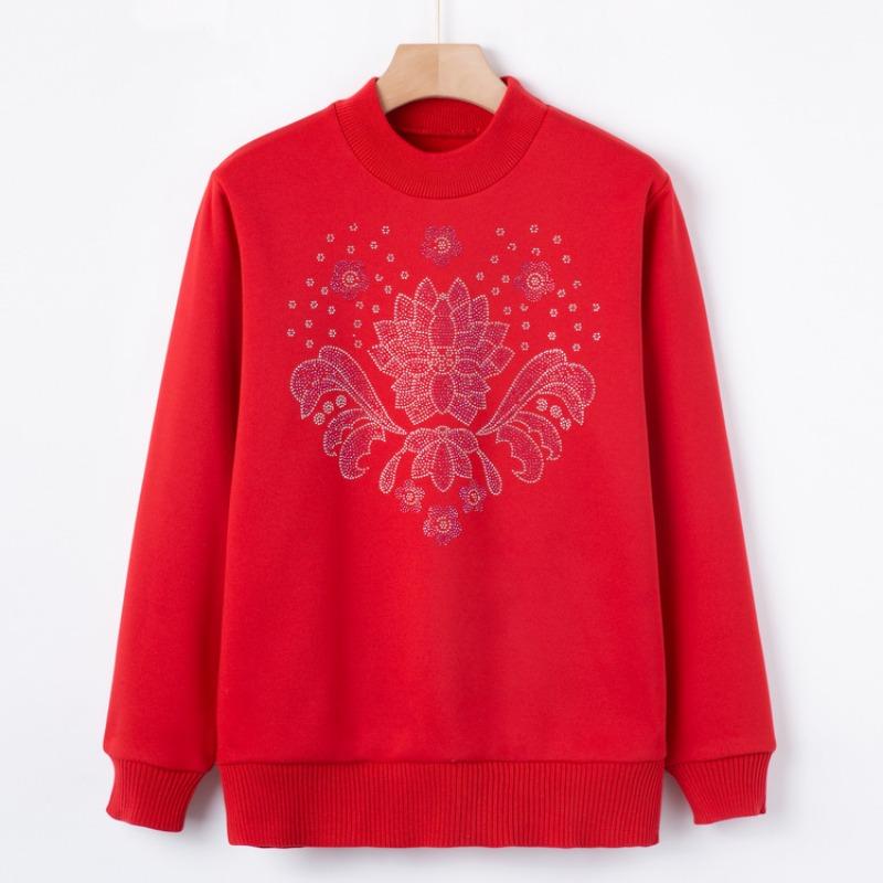 

Middle-aged grandma s autumn pullover bright diamond sweater women s autumn and winter clothing fleece mother clothing thickened bottoming shirt 3XL (recommended 120-67.5kg) красный