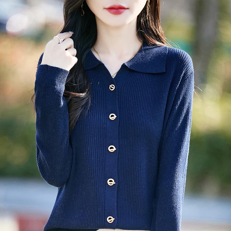 Solid Color Women's Polo Collar Knit Cardigan - Chic Fashionable Outerwear for Spring/Summer/Autumn 2026.