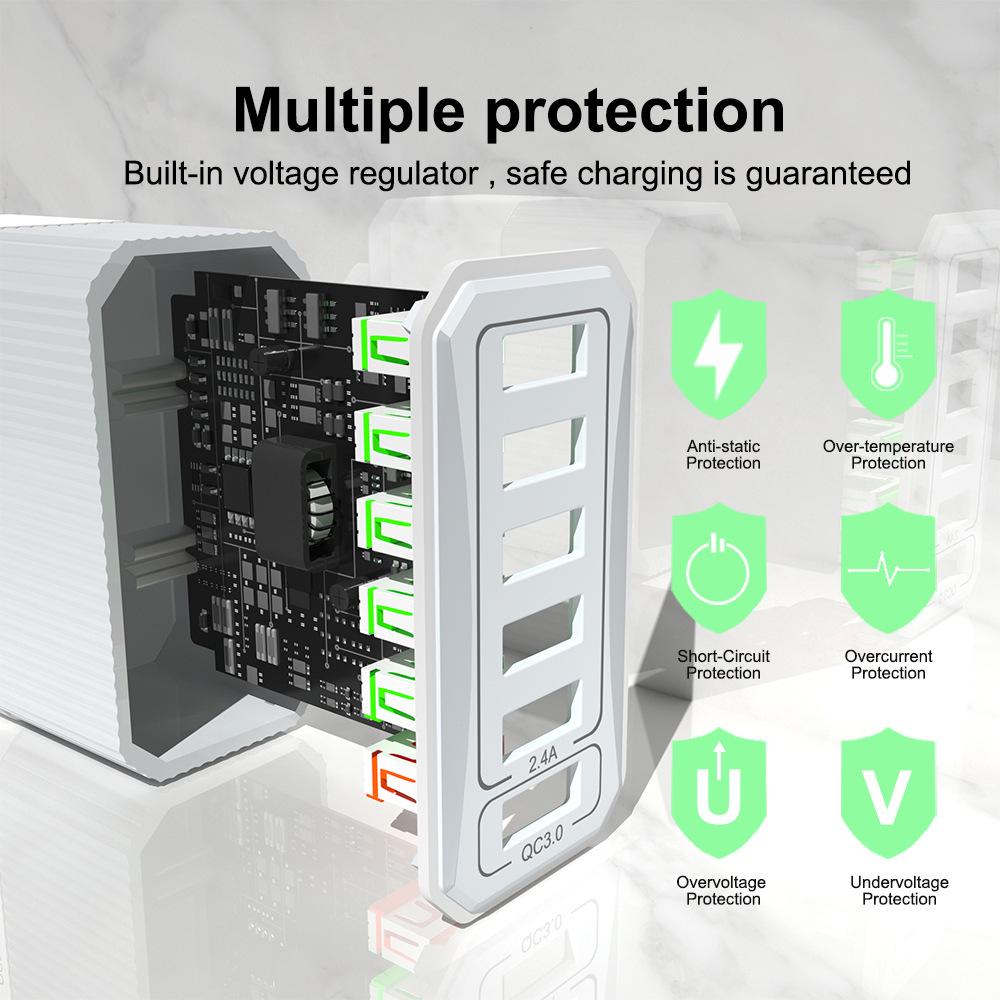 QC3.0 30W Six-Port Fast Charger with EU/US/UK/AU Plugs