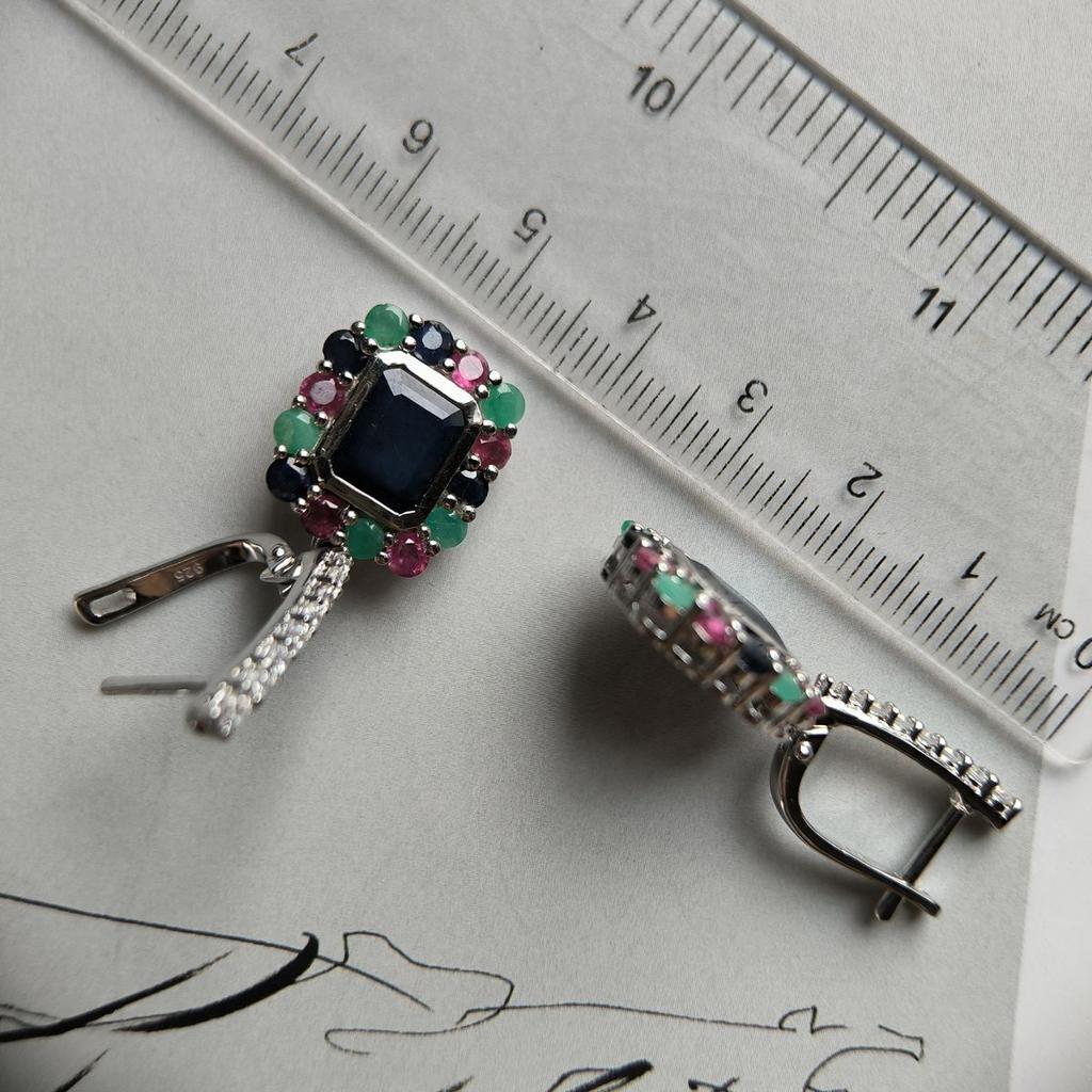 Silver Earrings with Natural Sapphire 4.05ct, Emerald, Ruby (2182399)