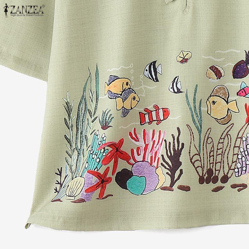 ZANZEA Damen Lässig Stehkragen Locker Halber Ärmel Print Bluse