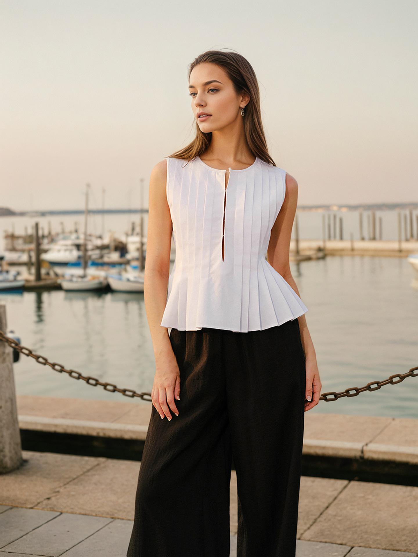 European and American intellectual fashion summer vest with a textured waistcoat, versatile French pleated sleeveless pullover top European and american code xs