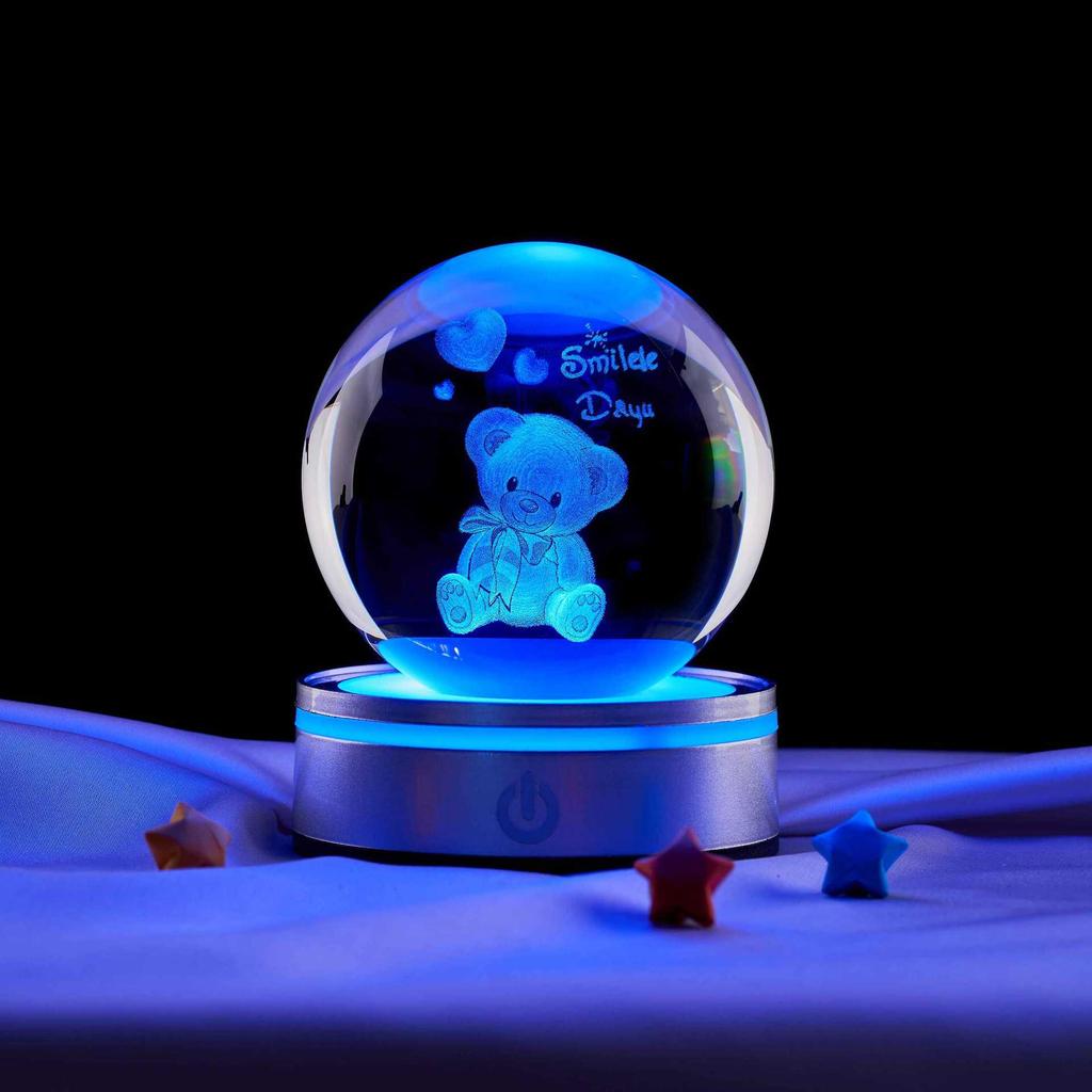 Luminous Teddy Bear Crystal Ball Night Light with Wooden Base - Creative Desktop Decoration Gift.