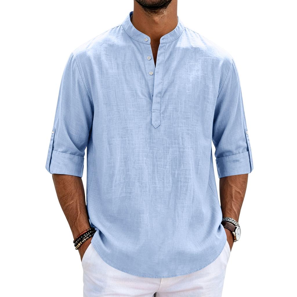 Men's Linen Long Sleeve Shirt Loose Fit Stand Collar Button Placket Casual Cotton Blend Pullover Shirt for Everyday Wear