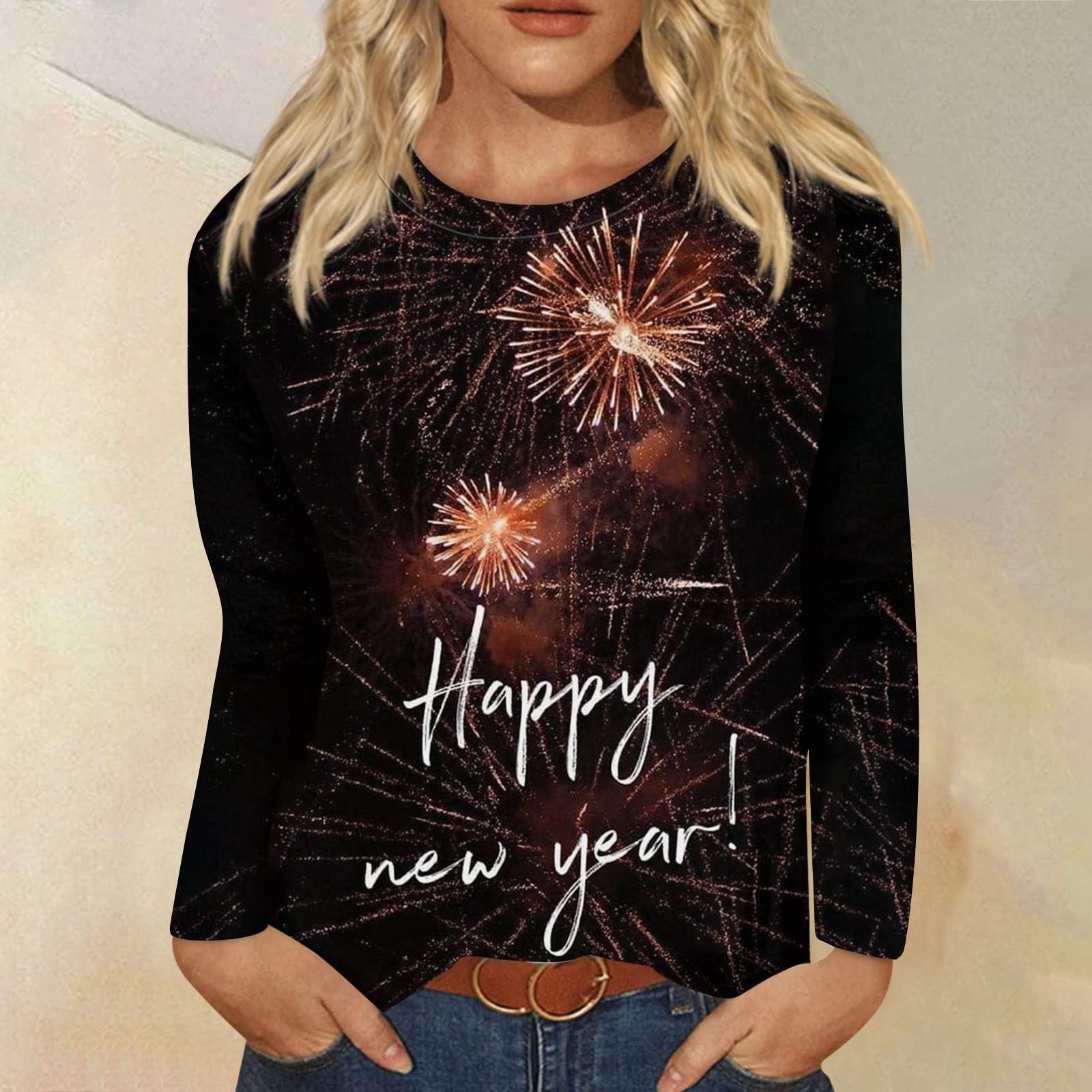 

Женская осенне-зимняя футболка с круглым вырезом и длинными рукавами, топ с принтом на Новый год 2024 XL