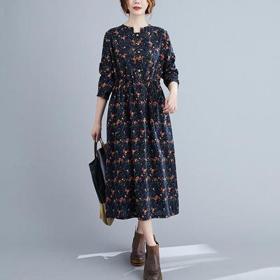 Vestido Plus Size Floral de Linho de Algodão Outono Renda Cintura Emagrecimento Artístico Longo para Mulheres Vestidos Base