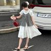 Girls' summer plaid camisole dress set, stylish children's short sleeved white casual mid length skirt