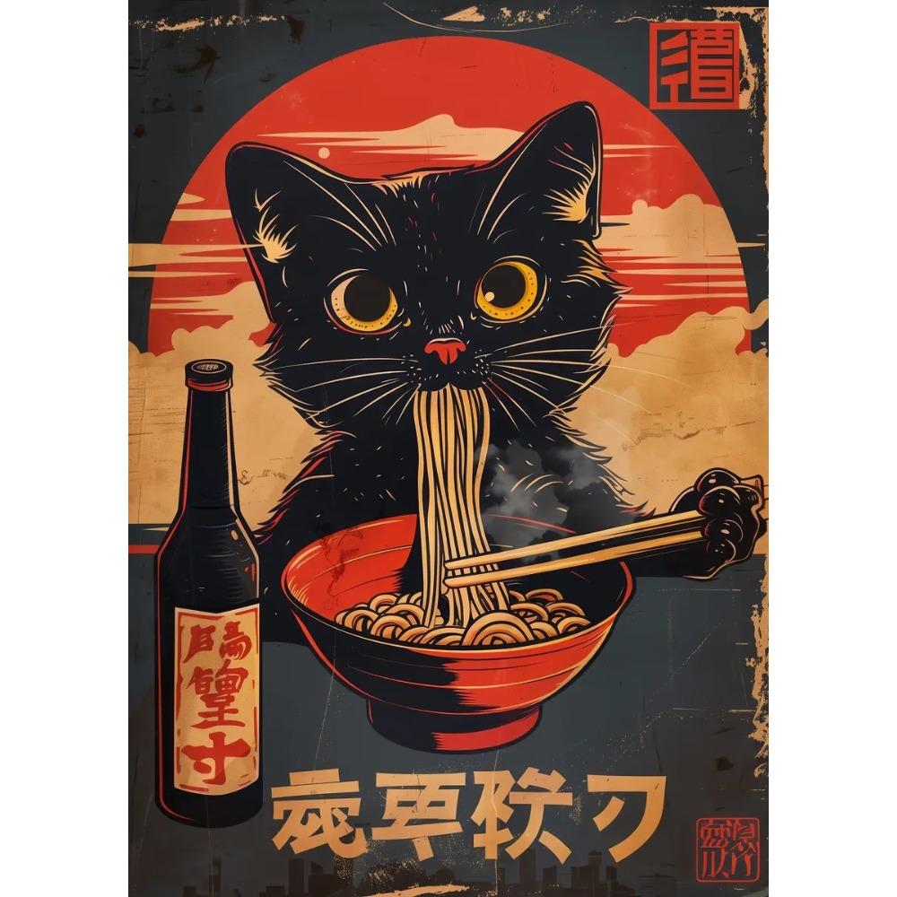 Japanische Katze isst Nudeln Leinwandposter Katze Kaffee Bonjour Mon Amour Küchenwandkunst Drucke für modernes Wohnzimmer Heimdekor