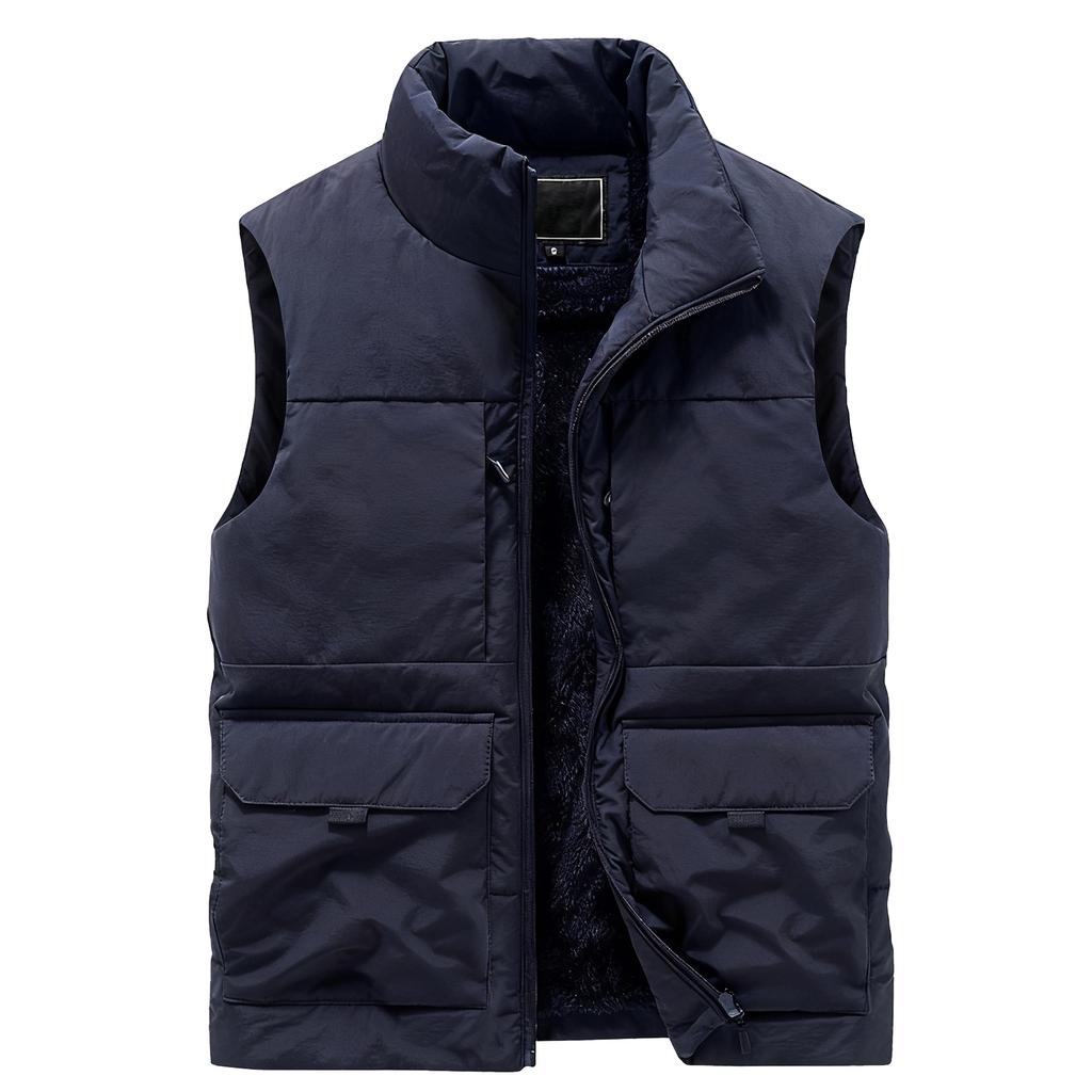 Men's Casual Solid-color Sleeveless Cotton Vest, Men's Fleece Thickened Multi-pocket Stand-up Collar Workwear Jacket