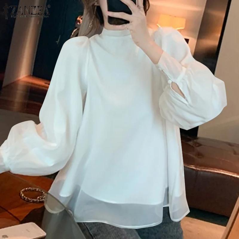 

ZANZEA женская однотонная свободная двухслойная блузка трапециевидной формы с длинными рукавами и высоким воротником
