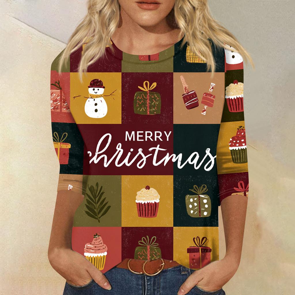 Women's Fashion Casual Round Neck Three-quarter Sleeve Christmas Print T-shirt Top