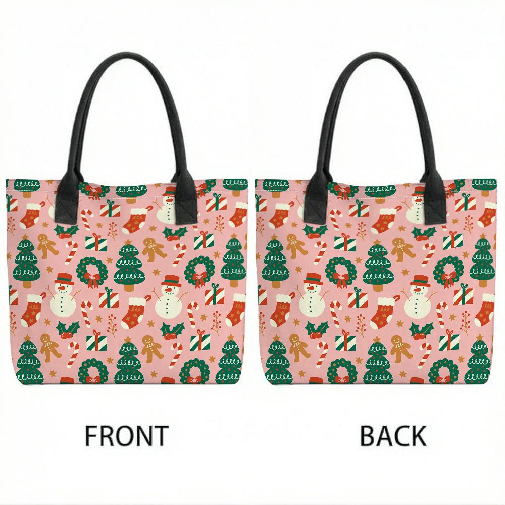  Christmas Pattern Canvas Tote Bag Large Capacity Daily Handbag for Women