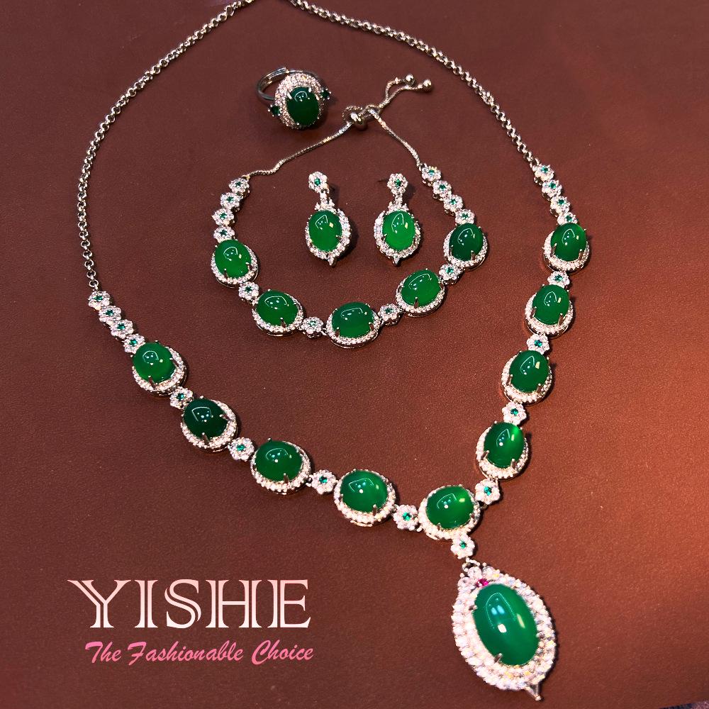 Juego de Joyería Vintage Chino de Calcedonia Zafiro: Colección de Lujo de Cuatro Piezas de Plata Chapada en Cobre