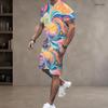Men S Plus Size Colorful Swirl Printed Round Neck Short Sleeve T Shirt And Shorts Two Piece Set