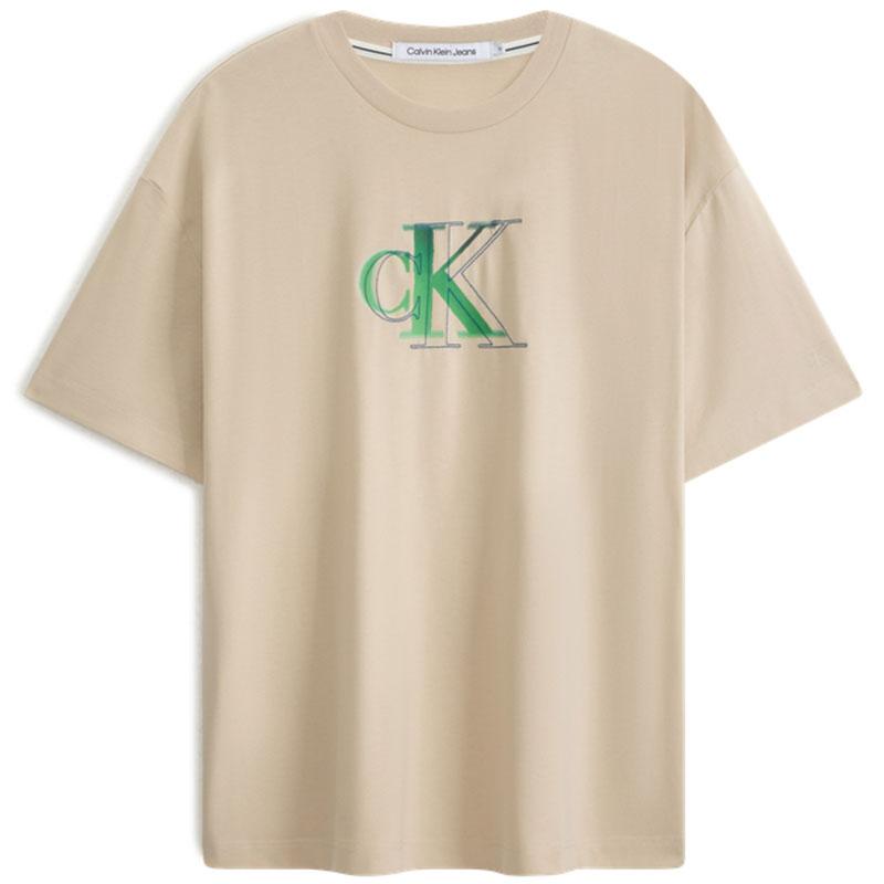 Calvin Klein Unisex Letter Logo Print Loose Round Neck Short Sleeve T-Shirt Unisex Tops Light-Khaki J400322ACI