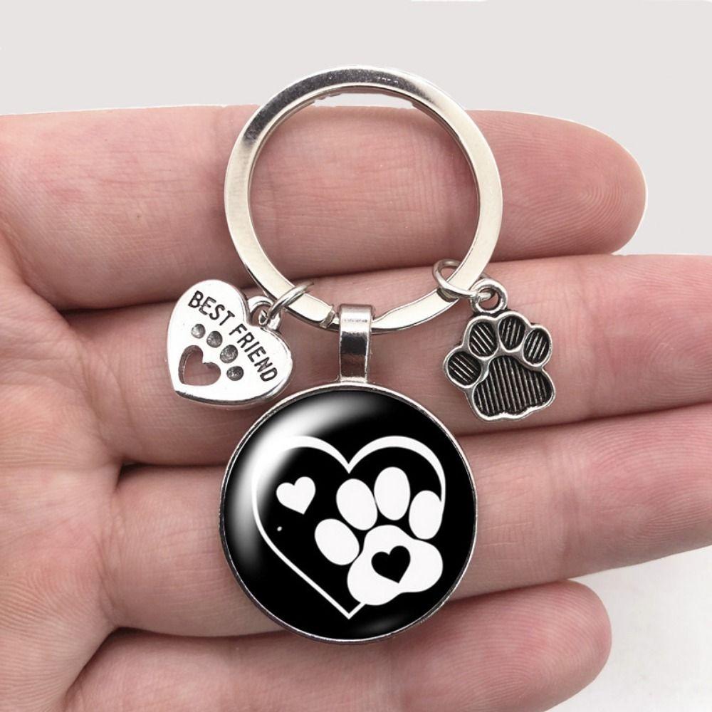 Cartoon Car Key Chain Love Cat Pet Footprints Key Holder Glass Cabochon Key Ring  Bag Hanging