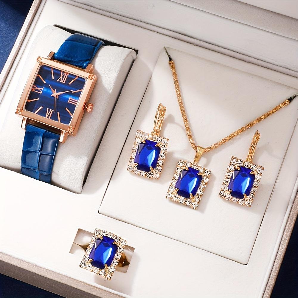 Square Roman Watch Gem Bracelet Set Square Belt Watch + Square Gem Bracelet Set