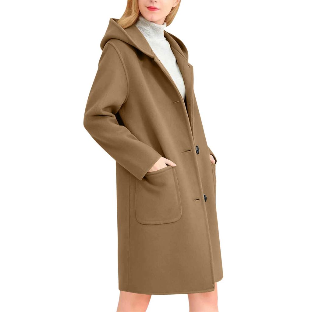 Einfarbige Damenjacke, lässig, lockere Passform, Knopfmäntel, geknöpfte Langarm-Oberbekleidung mit Tasche, Kapuzenmantel