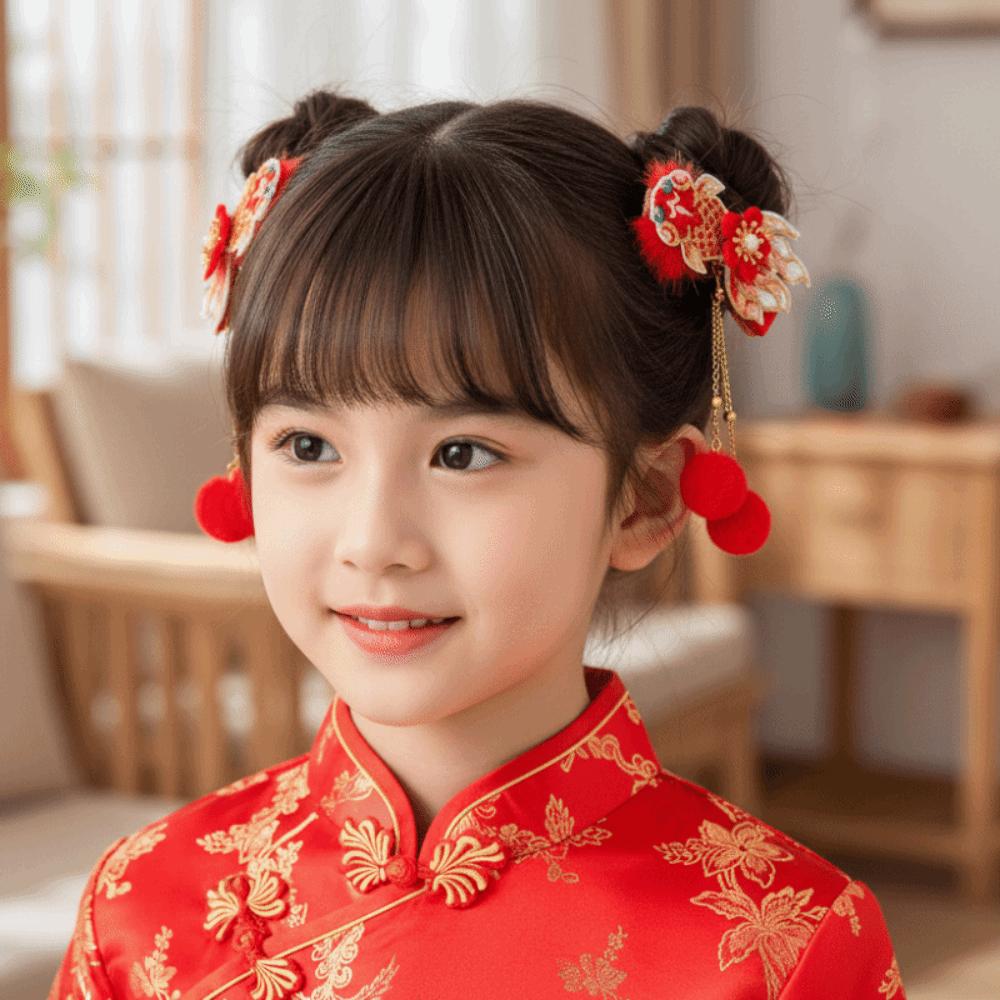 1 Pair Pearl New Year Headwear Chinese Style Bow Tassel Hairpin Hanfu Red Hair Clips New Year Gifts