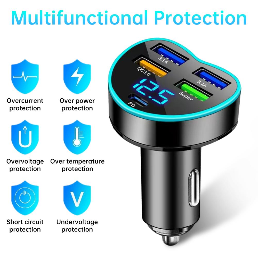 Încărcător auto 66W 5 porturi mai ușor cu încărcare rapidă PD QC3.0 USB tip C adaptor încărcător auto telefon