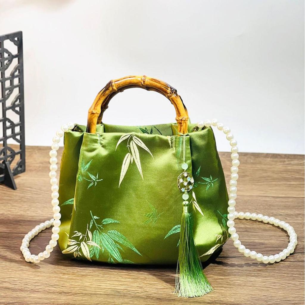 Bamboo Handle Brocade Handbag - Chinese Style Pearl Crossbody, Perfect Qipao Match, Ideal Gift for Mom