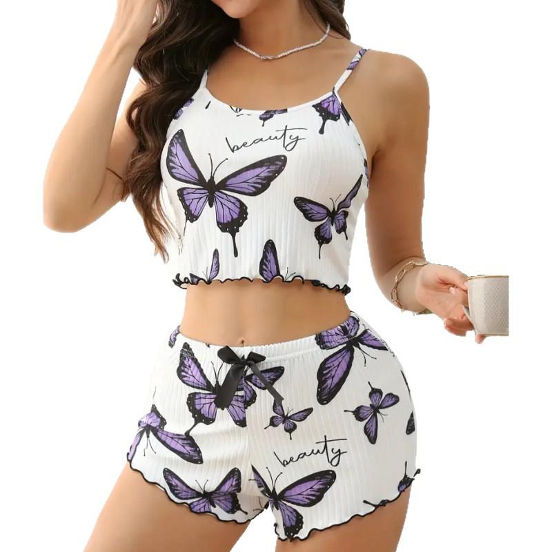 Butterfly Print Sexy Pajama Set: Comfortable Camisole and Shorts for Women