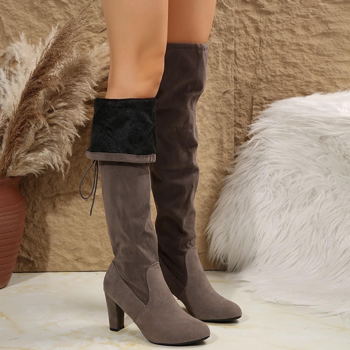 

Модные Элегантные Серые Ботфорты из Искусственной Замши Женские Теплые Плюшевые Высокие до Бедра Ботас Женские Остроносые на Высоком Каблуке Шнуровка Длинные Ботинки 39 серый