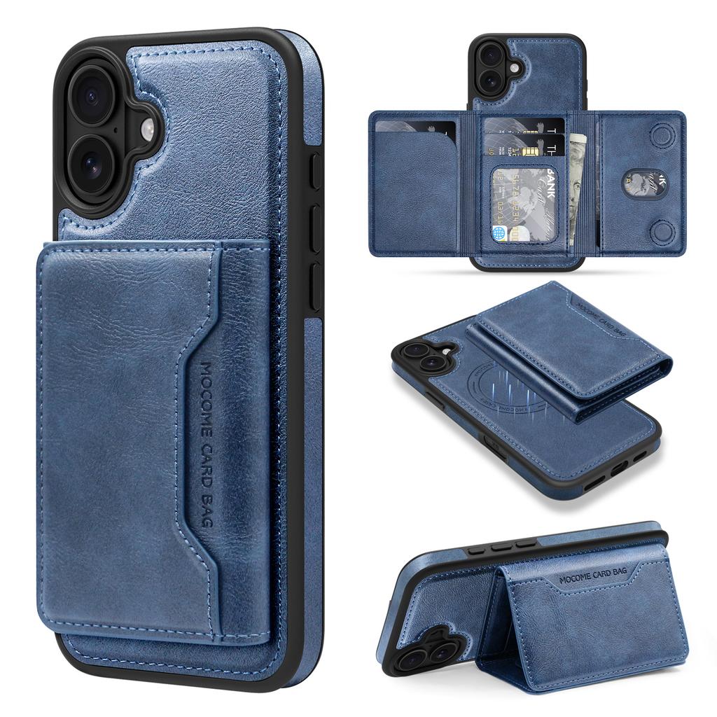 For iPhone 16 Plus Magnetic Case Leather Back Phone Cover with Detachable Card Bag