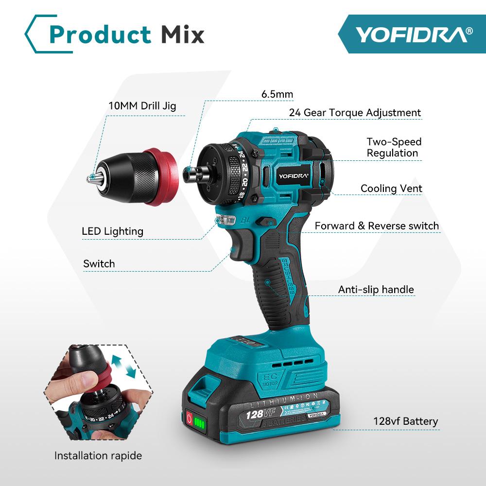 Yofidra 2'si 1 Arada Fırçasız Elektrikli Vidalama Makinesi Çekiç Akülü Matkap Darbeli Çok Fonksiyonlu Elektrikli Alet 21V 18V Pil İçin
