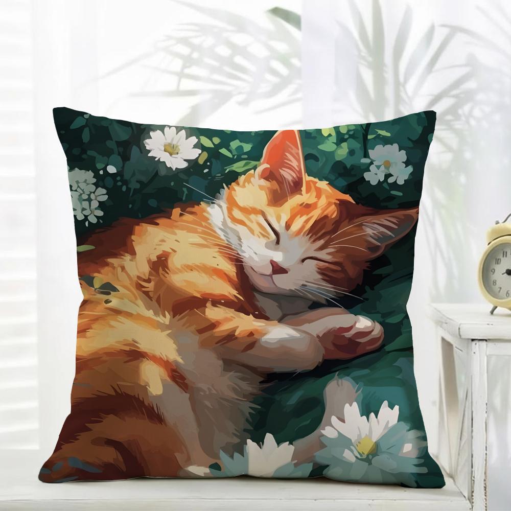 Cute Oil Painting Colorful Cat Cushion Cover Comfort Daily Washable Linen Soft for Sofa Bed Home Room Decor
