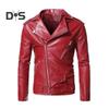 Men Jacket Slim Fit Faux Leather Solid Color Coat with Diagonal Zipper Belt Adjustment Windproof Coat