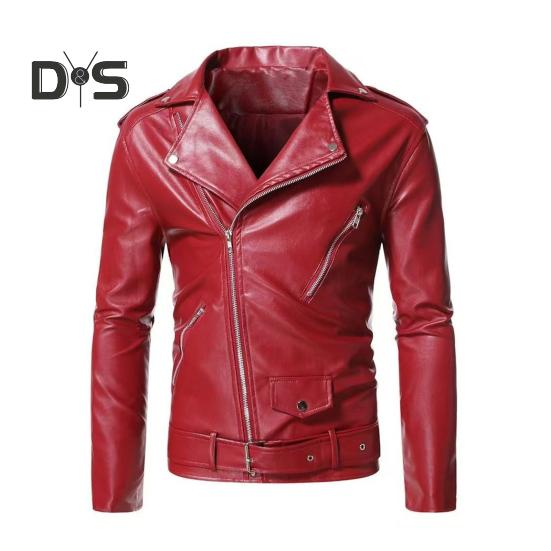 Men Jacket Slim Fit Faux Leather Solid Color Coat with Diagonal Zipper Belt Adjustment Windproof Coat