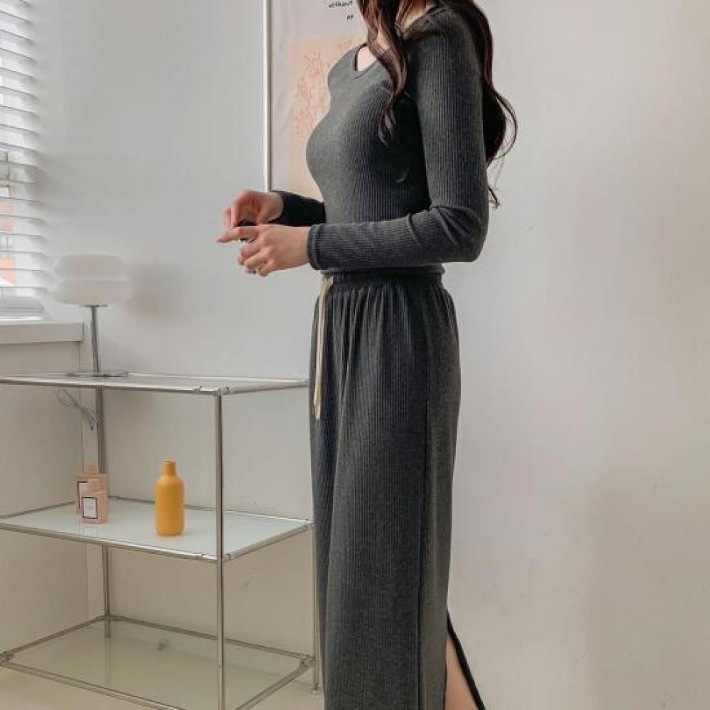 New Arrivals Open Run Slim Long Sleeve Round Neck T shirT And bAnding skirT seT