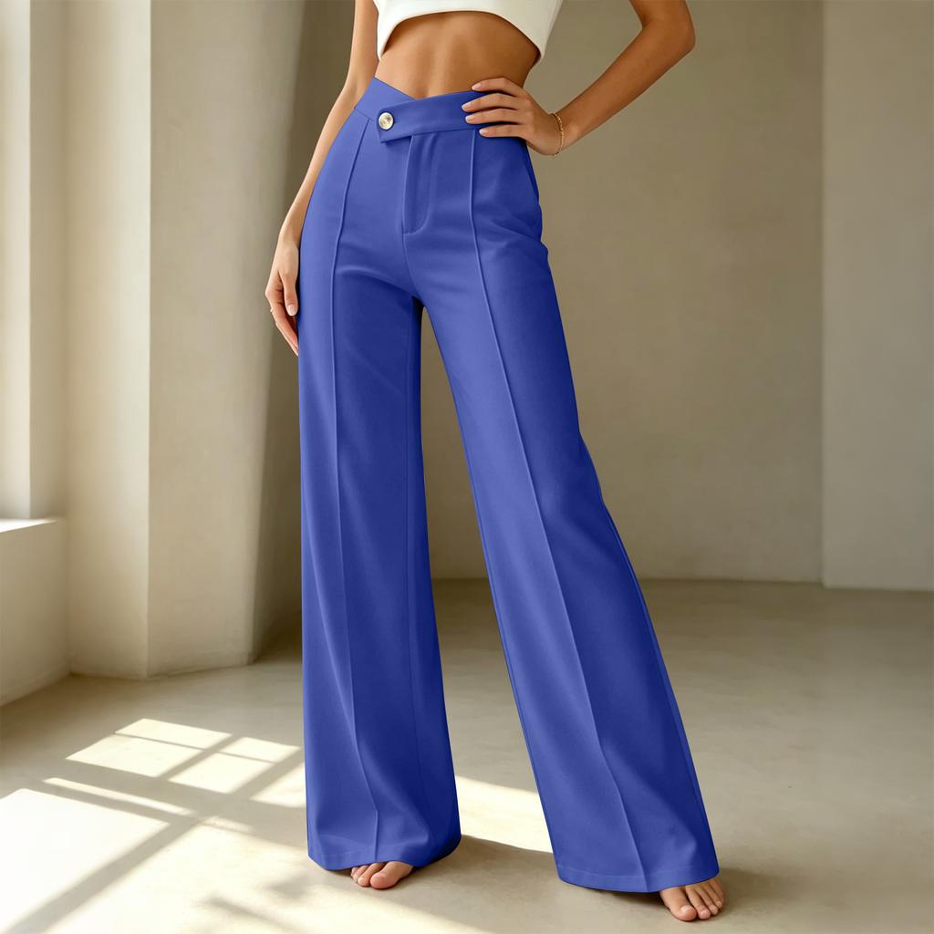 Women's High Waist Wide Leg Pants Flowy Casual Dress Trousers with Button for Spring Fall