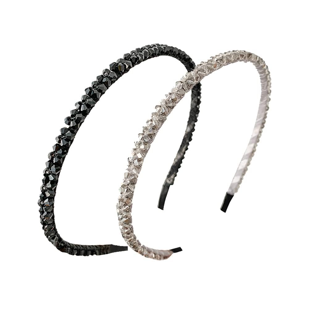 Crystal Beaded Headband for Women, Fashion Super Shiny Women Two Rows Black Crystal Beads Headband Girls Headwear Rhinestone Beaded Hair Band Hair