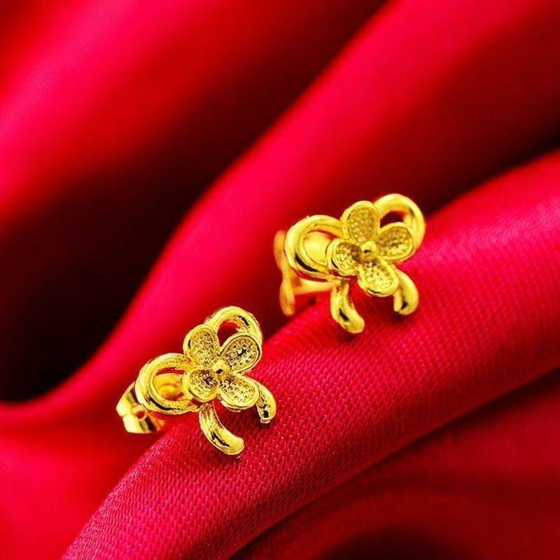 Elegant Gold Four-Petal Flower Bow Stud Earrings – Classic, Versatile Heart Design for Women