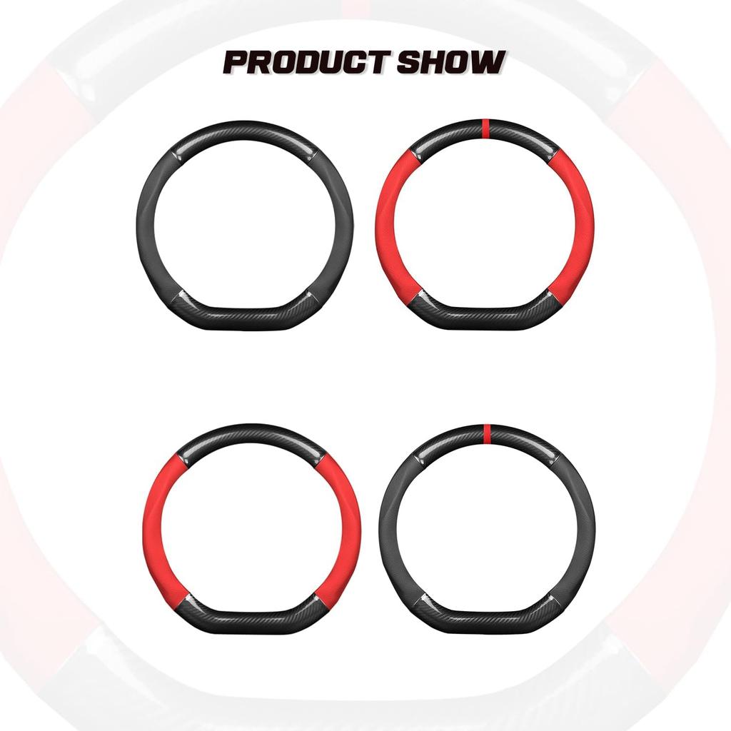 Ergocar Car Steering Wheel Cover Non-Slip Car Steering Wheel Protector Sport D-Shape Carbon Fiber & PU Leather Universal For Diameter 38Cm(15")