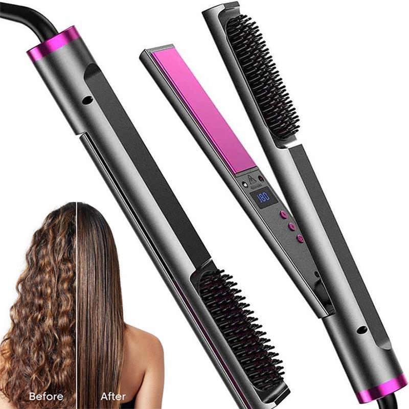3 in 1 Electric LCD 60W Safety Titanium Hair Flat Iron Brush Hot Comb Hair Straightener Curler Ceramic Tourmaline Flat Iron
