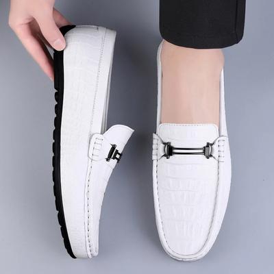 Mocasini de vară albi pentru bărbați cu cataramă metalică, pantofi bărbătești din piele naturală, încălțăminte casual pentru bărbați, mocasini de marcă confortabili pentru afaceri