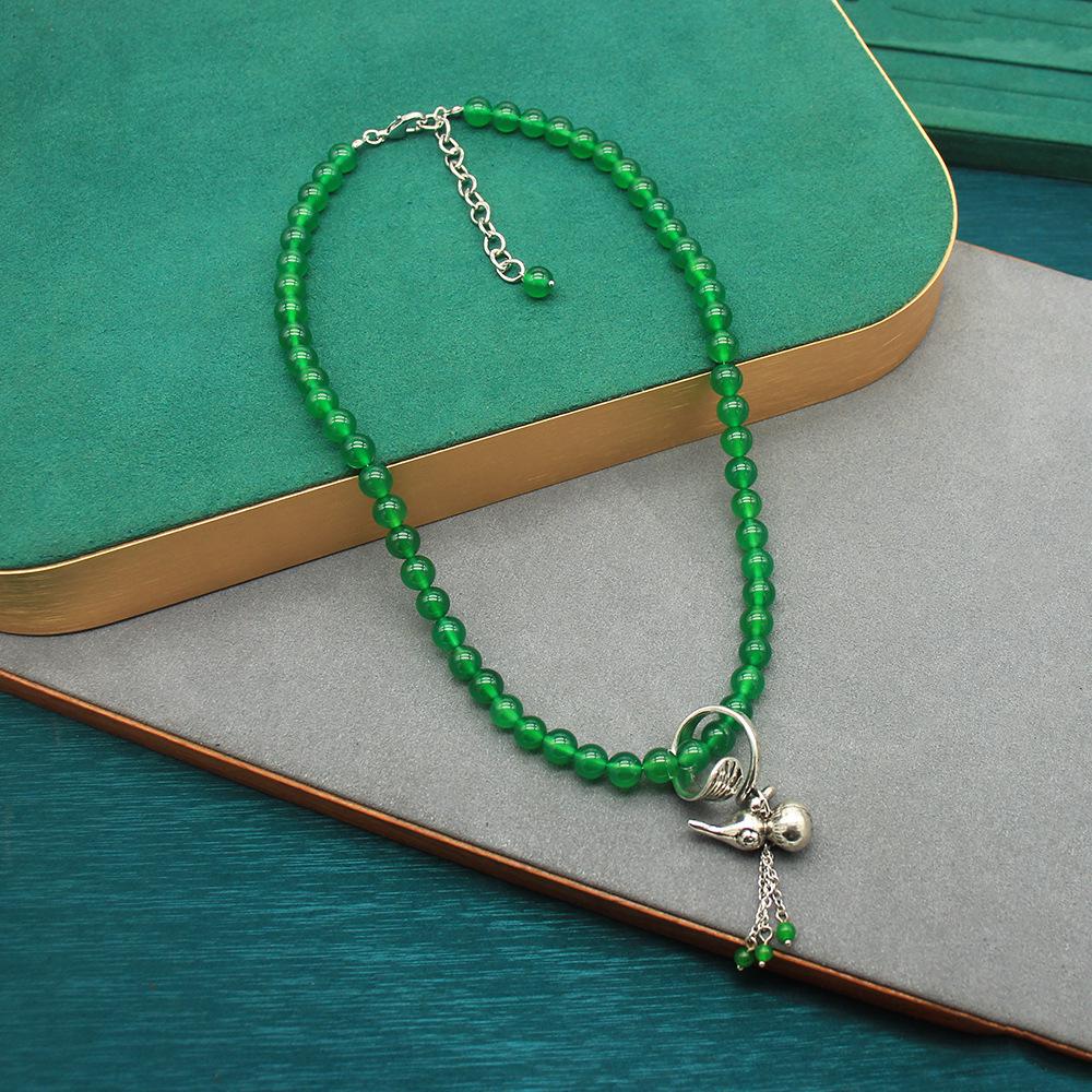 Elegant Green Agate Beaded Necklace & Gourd Ring Set for Women